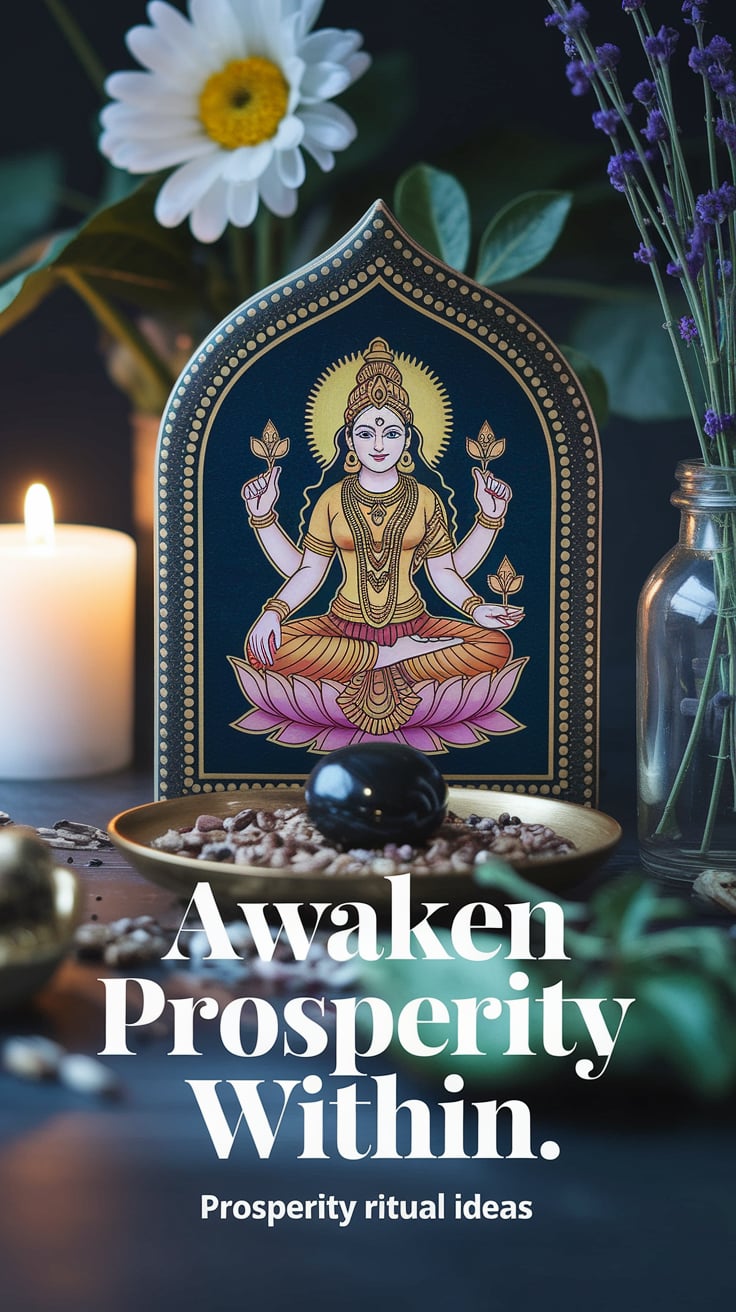 Prosperity ritual ideas A feminine altar with Lakshmi imagery, herbs, and a shiny lodestone. The glow is inviting. The large text: "Awaken Prosperity Within." Smaller text at the bottom: “Prosperity ritual ideas.”