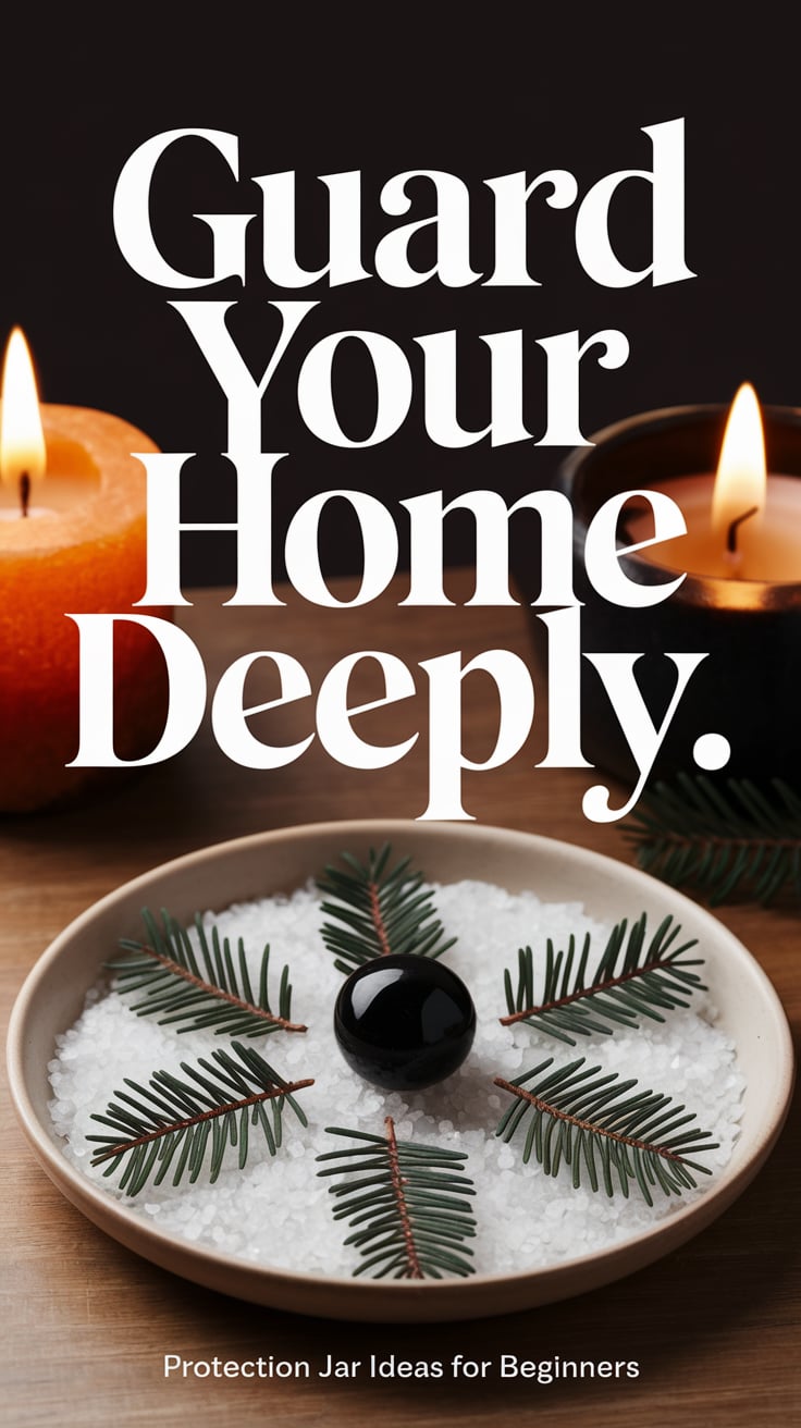 A cozy scene featuring a plate of salt, pine sprigs arranged in a star pattern, and a shiny black tourmaline, with warm candlelight flickering in the background. The bold, feminine font in white says “Guard Your Home Deeply.” The entire scene balances softness and strength. Smaller text: “Protection jar ideas for beginners.”