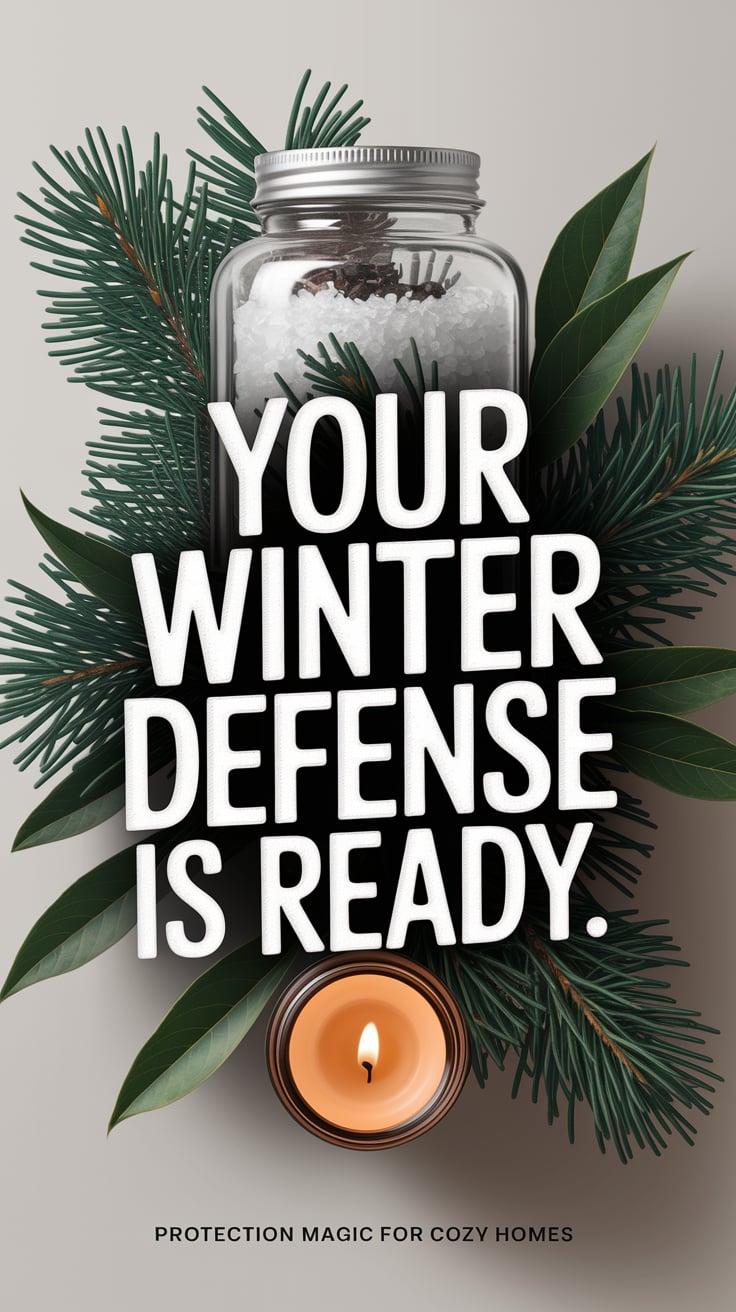A fresh, modern shot of a glass jar filled with salt and pine, surrounded by fresh winter greenery and a glowing candle. The lettering in large, chalk-white font reads “Your Winter Defense Is Ready.” The design is minimalist but intensely impactful. Tag: “Protection magic for cozy homes.”