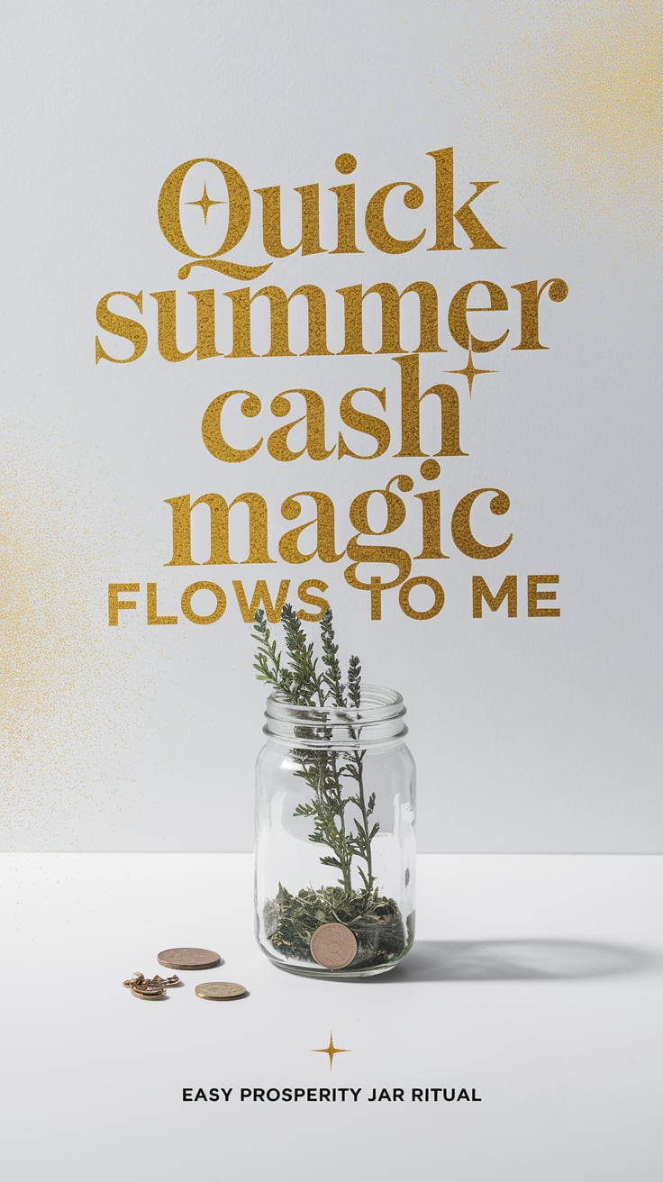 Quick summer cash magic flows to me Minimalist white background with faint gold shimmer. A simple jar with herbs, a coin, and a small summer charm. Overlay in modern, confident font in shimmering yellow: *'Quick summer cash magic flows to me'— hinting it’s quick, easy, and seasonal. Smaller text: ‘Easy prosperity jar ritual’. Plays into the desire for instant, seasonal abundance.