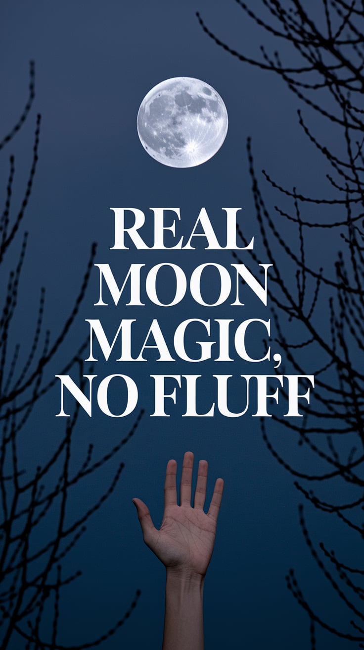 A stark full moon, high in a deep indigo sky, framed by bare branches. At the bottom of the frame, a single open hand reflects the moonlight, palm upward. The text is sharp, all-caps serif in cold white, positioned across the moon like a direct message.