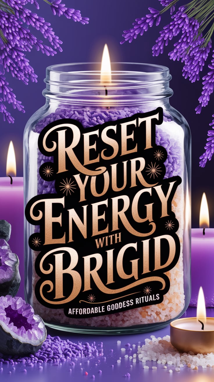 Reset your energy with Brigid A dreamy, boho vibe with lush lavender, amethyst, salt, and candles. The jar has an aura glow. The phrase in ornate script, bold, in gold: "Reset your energy with Brigid" with a shimmering effect. Small: "Affordable goddess rituals"
