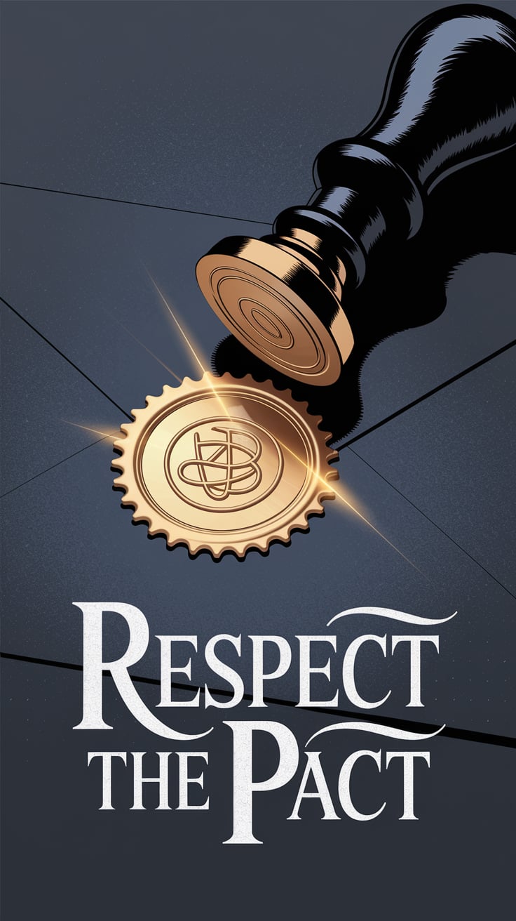 Respect the Pact A golden seal stamp lies atop a half-sealed black envelope, marked with wax bearing Bune’s sigil. The wax glows faintly, radiating soft gold light. The background is matte and nearly featureless, creating a stark contrast with the seal. Title text is pale parchment white with a rust-orange shadow, aligned tightly at the bottom.