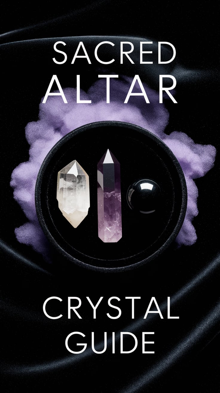 A minimal top-down view of a small black velvet tray holding a clear quartz cluster, amethyst point, and obsidian sphere in equal balance. The background is black on black, with subtle textures that feel velvet-soft. A soft lavender mist rises around the tray. Text is clean, modern, and white with a gentle inner glow.