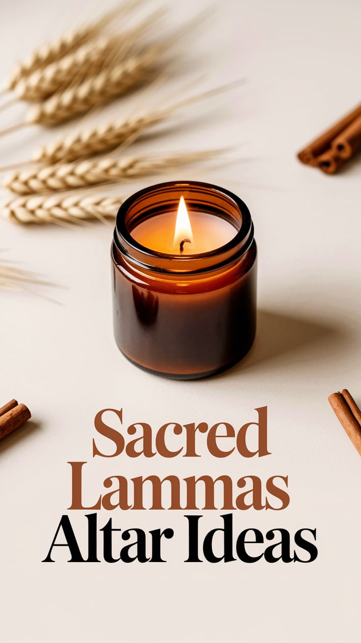 A small amber glass jar candle glowing softly in the center on a clean cream background. The candle’s flame flickers gently, casting warm shadows. Surrounding the jar are faint hints of dried wheat stems and cinnamon sticks blurred softly at the edges. Text in large serif font, warm cinnamon color, sits below the candle, simple and inviting.