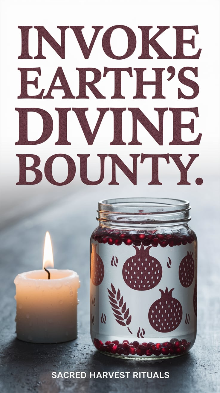 A candle flickers softly beside a jar filled with rainwater, tiny pomegranate seeds, and grain symbols. The large text, textured deep crimson in a serif font, says: "Invoke earth’s divine bounty." Small bottom text: “Sacred harvest rituals”
