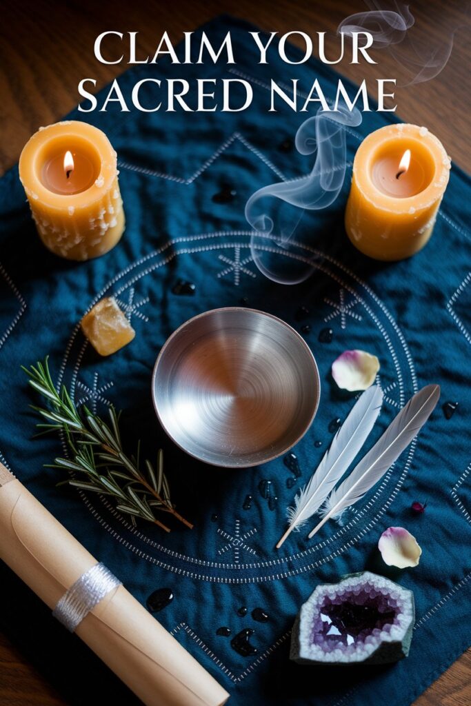 Sacred objects on midnight blue altar cloth with crystal and herbs for witch name selection inspired by deities