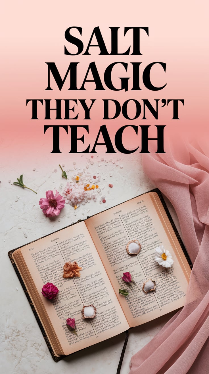 Salt Magic They Dont Teach A vintage-style open grimoire rests on a pale stone table. Scattered across the pages are pinches of various salts, pressed between flower petals and handwritten notes. A pale pink veil is draped over one corner of the table. The salt becomes part of the text—part of the learning. It invites the viewer to lean closer.