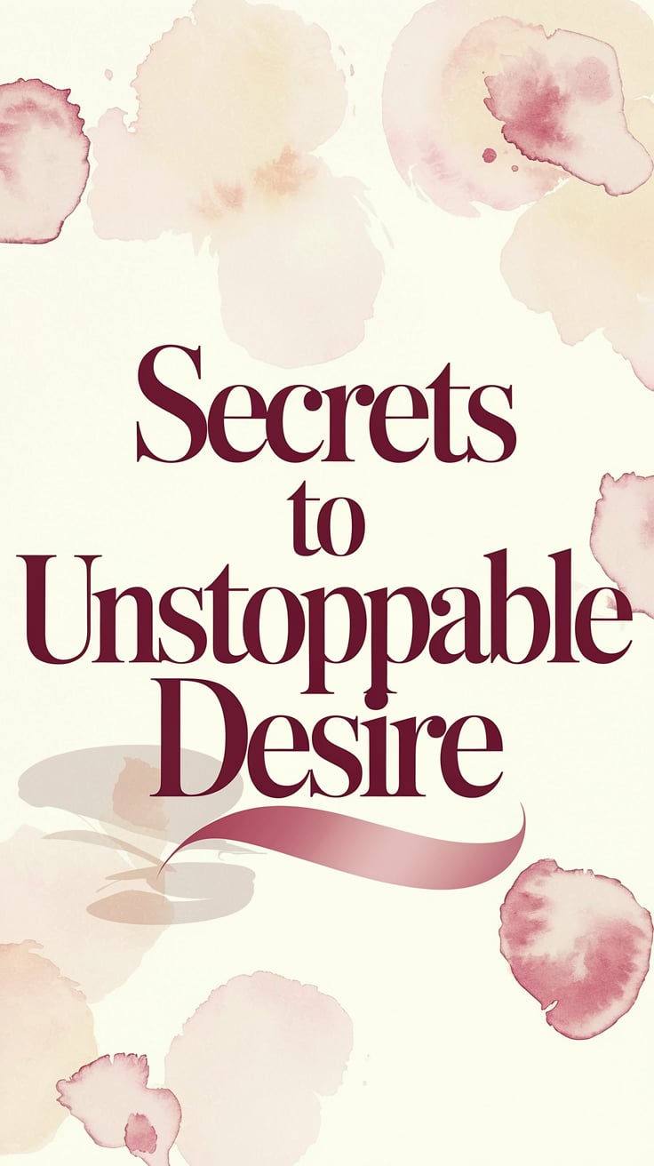 A bright, creamy ivory background with subtle watercolor rose petal stains, soft and almost translucent. The text floats large and central in a delicate but commanding serif font, colored deep garnet red with a shadow that lifts it off the page. The balance between softness and intensity feels like a gentle pull on the heartstrings, promising power hidden in gentle beauty.