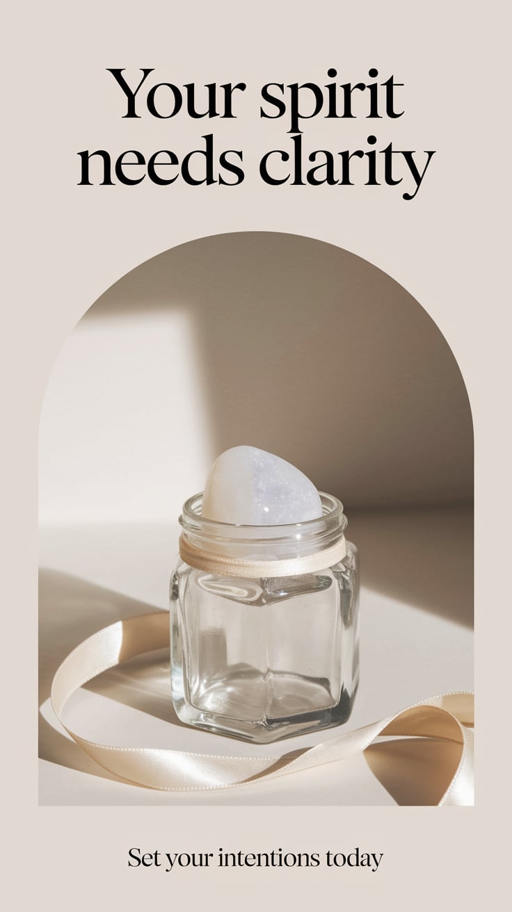 Set your intentions today ‘Your Spirit Needs Clarity’ — minimalist sans serif, upper third, gentle cream hues, clean jar with moonstone, a silk ribbon; mood: luminous and gentle; bottom caption: ‘Set your intentions today’