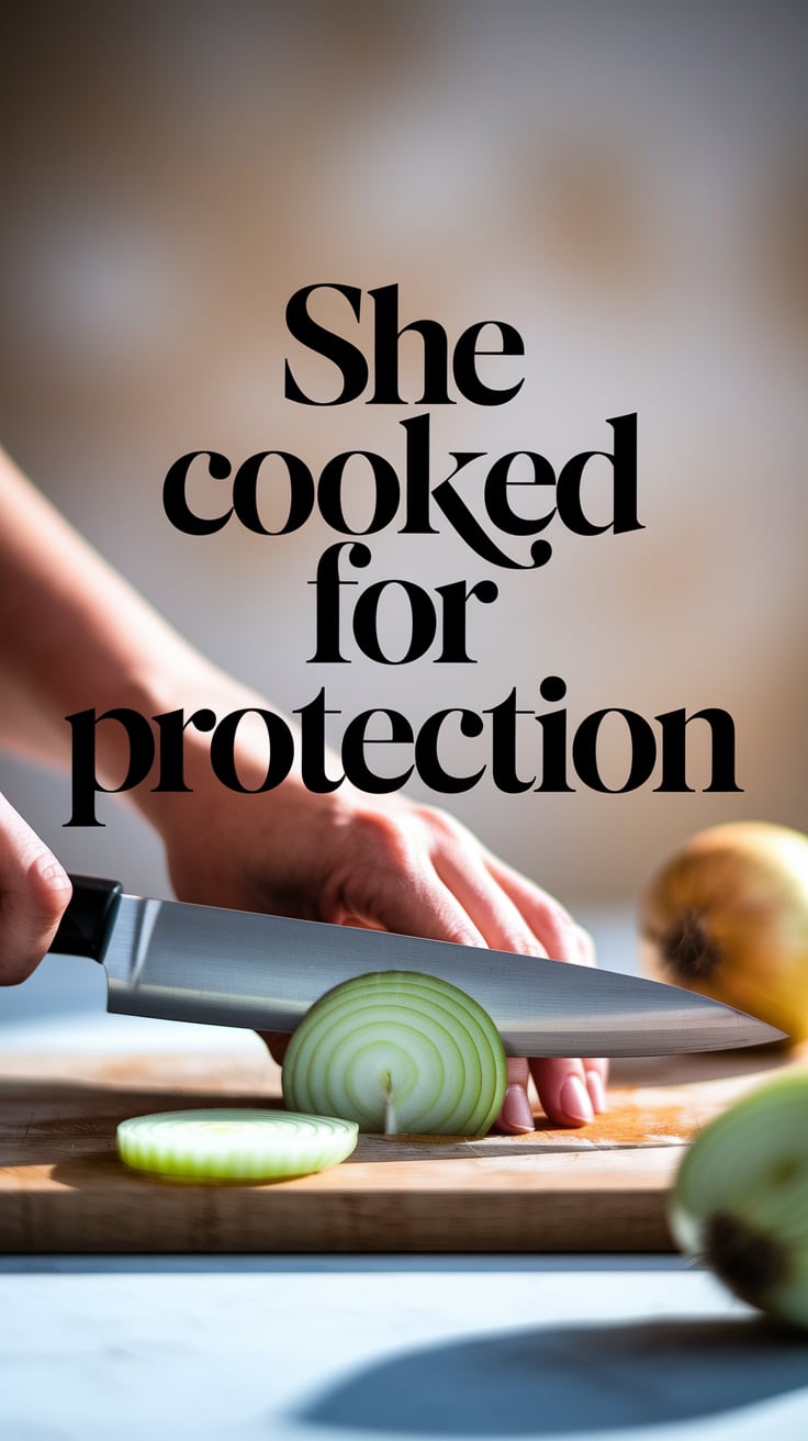A pair of hands slice onions on a cutting board. The background is blurred and neutral-toned, the hands lit by soft natural light. Thin slices curl around the knife. The text, a large and delicate calligraphy font in charcoal grey, hovers just above the knife, centered and commanding. It's gentle but deliberate—like a quiet ritual that’s already working.