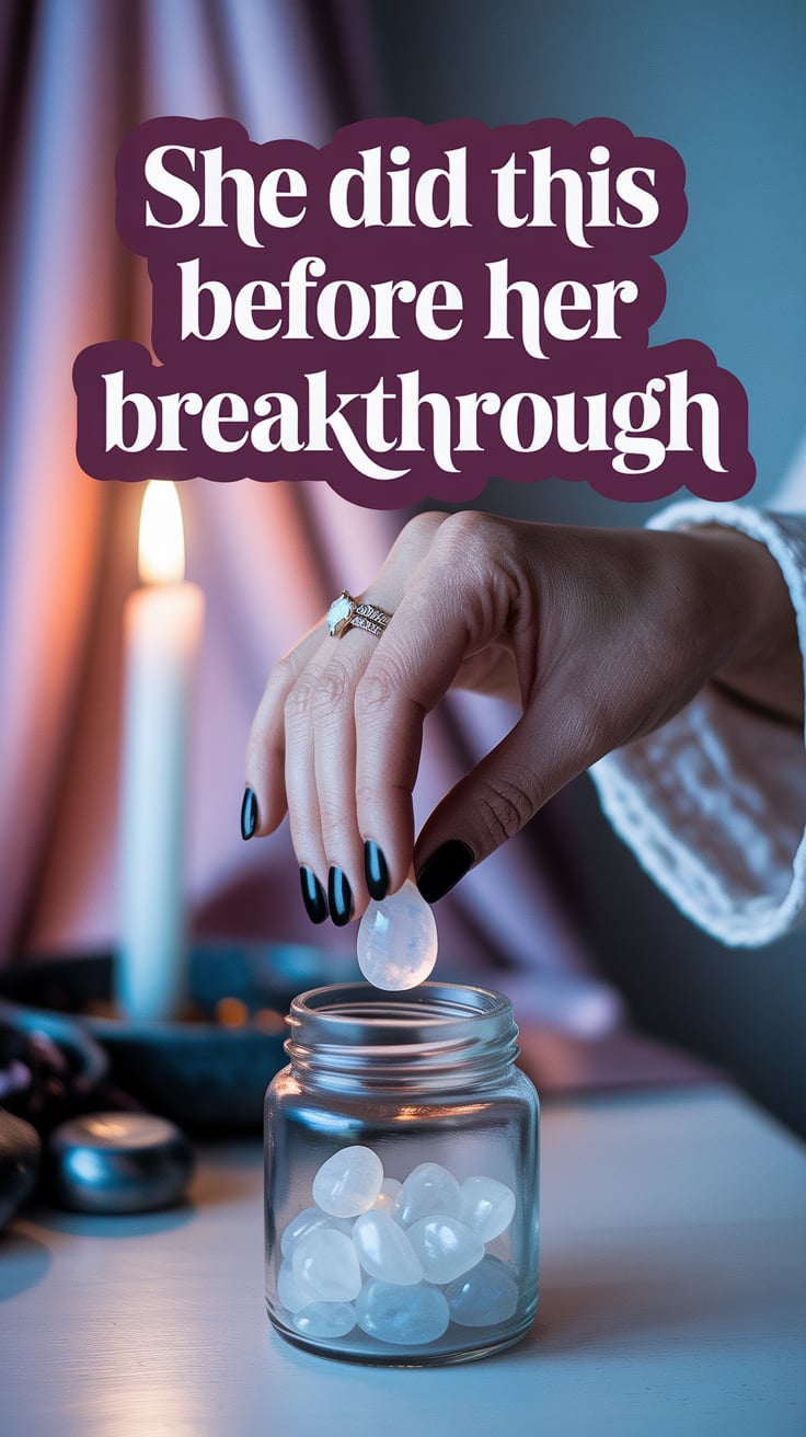 A hand gently lowering moonstone into a glass jar. The hand is perfectly manicured, wearing rings that catch the faint candlelight. The background is slightly blurred—soft pink and warm gray. The text, in a deep plum handwritten-style serif with imperfect strokes, dances across the top half. Feminine but ominous.