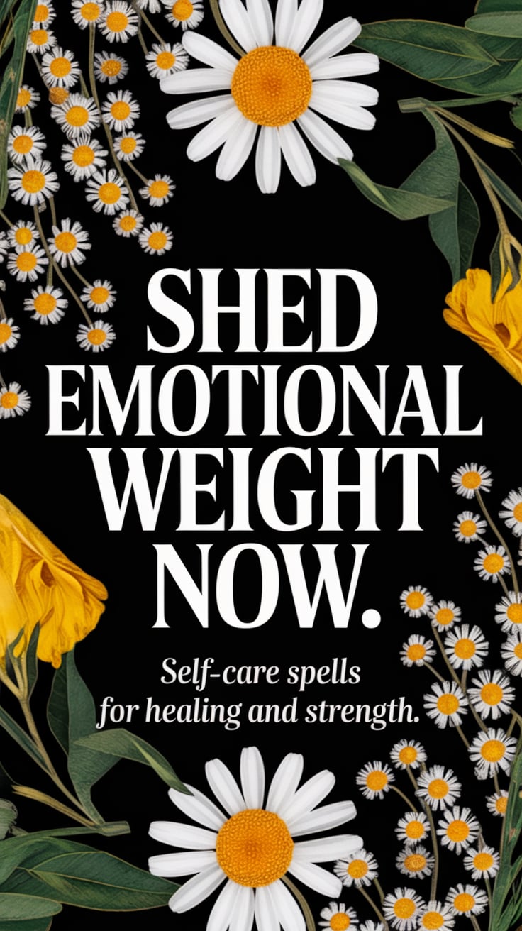 A cozy herbal altar with chamomile, motherwort, and a meditation focus. Large, high-contrast font in deep gold: “Shed emotional weight now.” Smaller, beneath: “Self-care spells for healing and strength.”