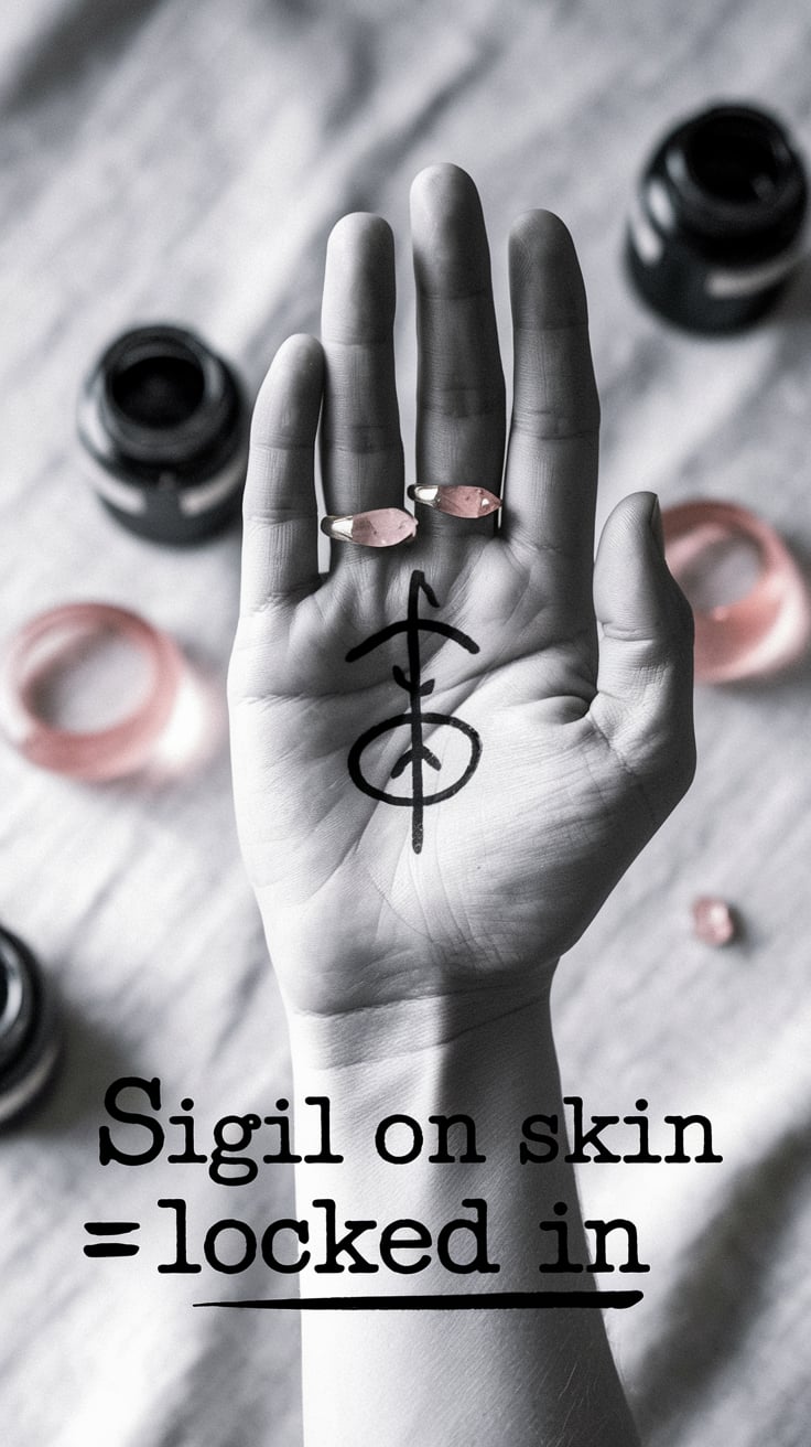 Sigil on Skin Locked In A hand with fingers curled gently, sigil drawn across the palm in ink. Rose quartz rings shimmer under soft window light. The background is unfocused linen and soft spell jars. Large typewriter-style serif in charcoal appears just under the palm. High contrast, minimal elements.