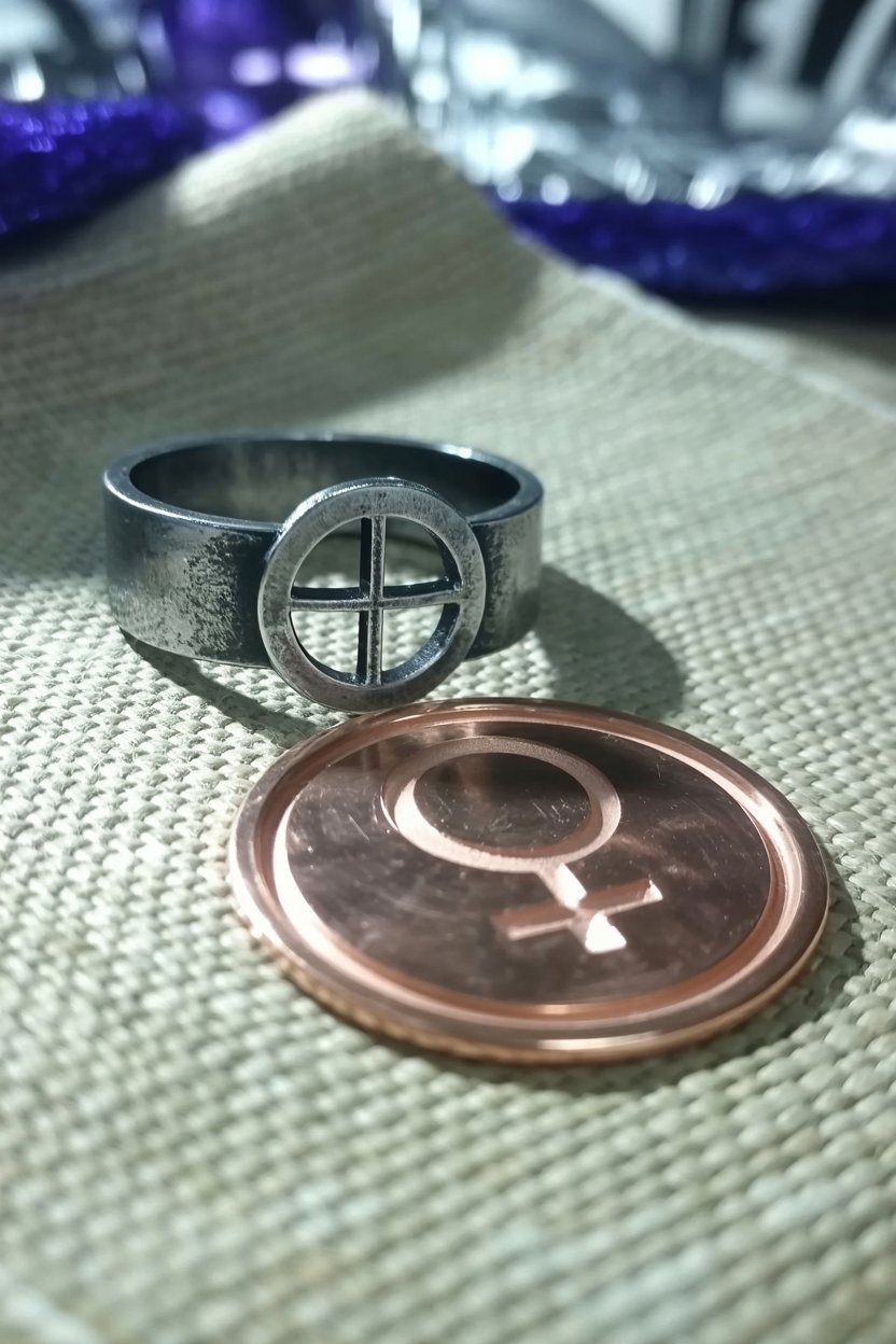 Silver ring holds Earth cross while copper coin shows Venus symbol on linen Oxidized sterling silver ring with wide brushed band and quartered circle symbol (Earth cross or crosshairs) sits beside polished copper coin stamped with raised Venus glyph (circle with cross below) on woven beige linen fabric. Silver connects to Moon (intuition, emotion, subconscious reading), copper belongs to Venus (relationships in 7th house, money in 2nd house, beauty and values), metals themselves carry planetary correspondence. Matte silver shows wear and dark patina, copper mirror-bright in warm rose gold tone.