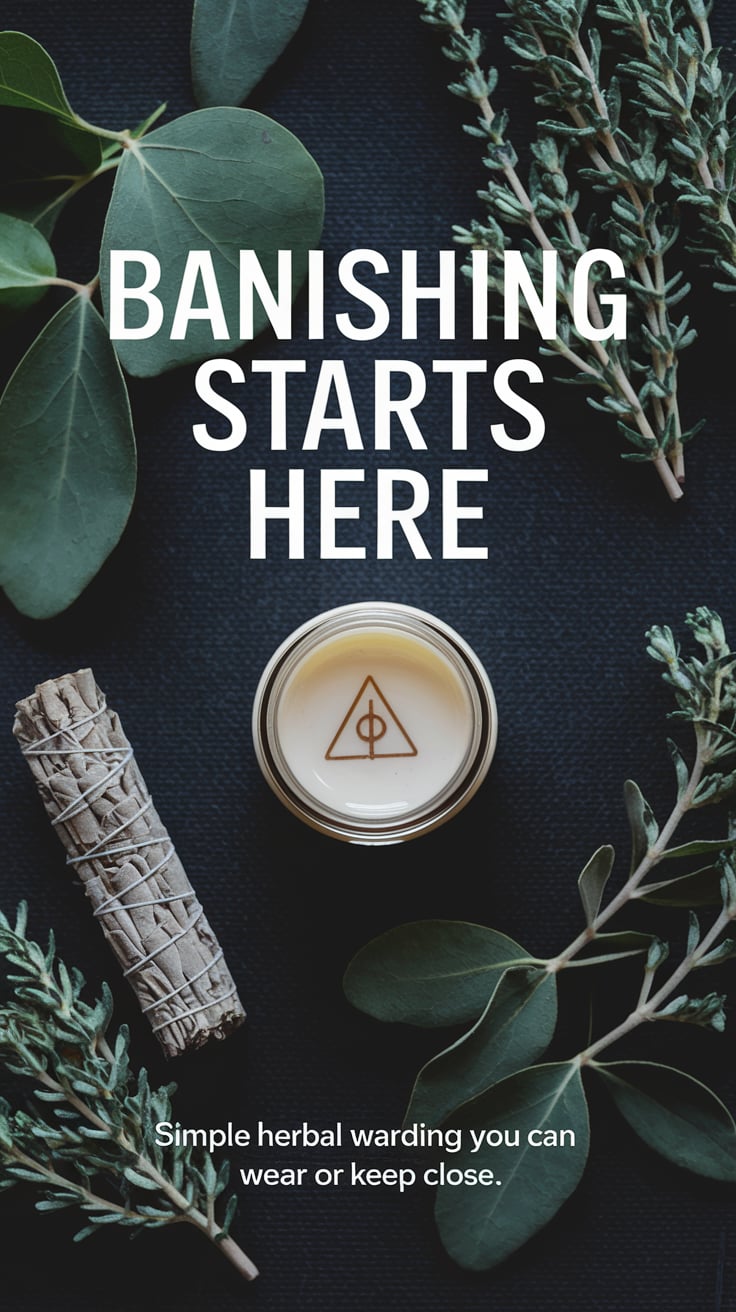 An image of a dark cloth background with herbs like mugwort, sage, and thyme scattered around a sealed jar with a tiny sigil etched into the wax. “Banishing starts here” stands out in white. Smaller caption: “Simple herbal warding you can wear or keep close”