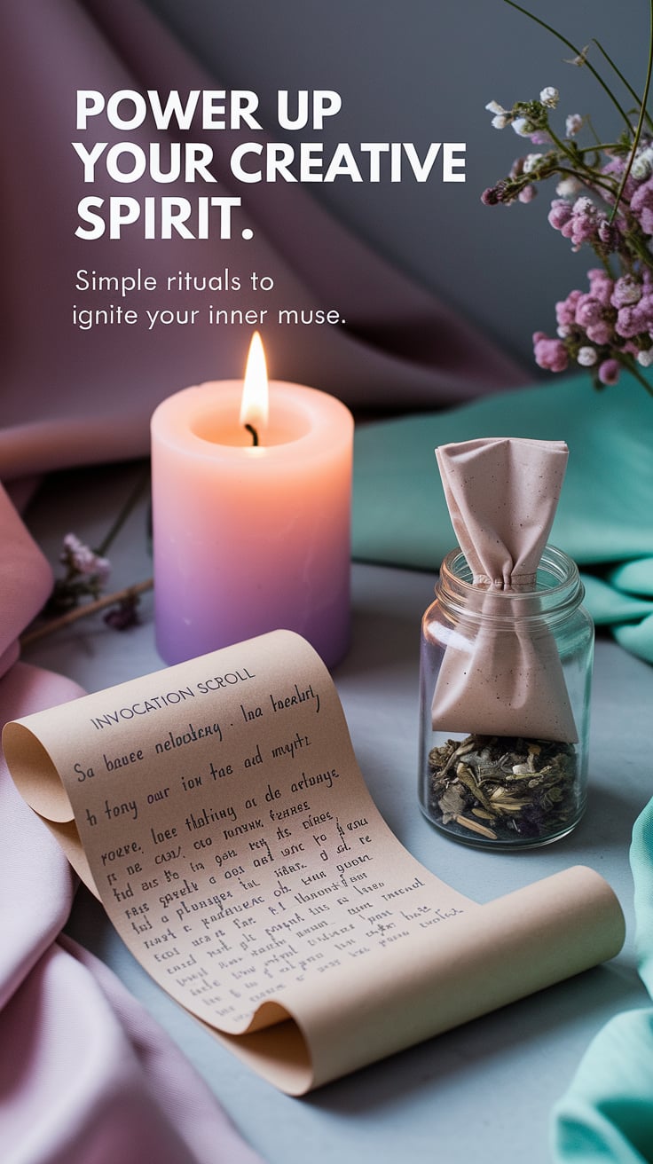 A softly illuminated scene showing a flickering candle, handwritten invocation scroll, and a tiny herbal pouch inside a spell jar. Pastel pinks and mint blend into a calming, sacred atmosphere. The bold text says “Power Up Your Creative Spirit.” Smaller text: “Simple rituals to ignite your inner muse.”