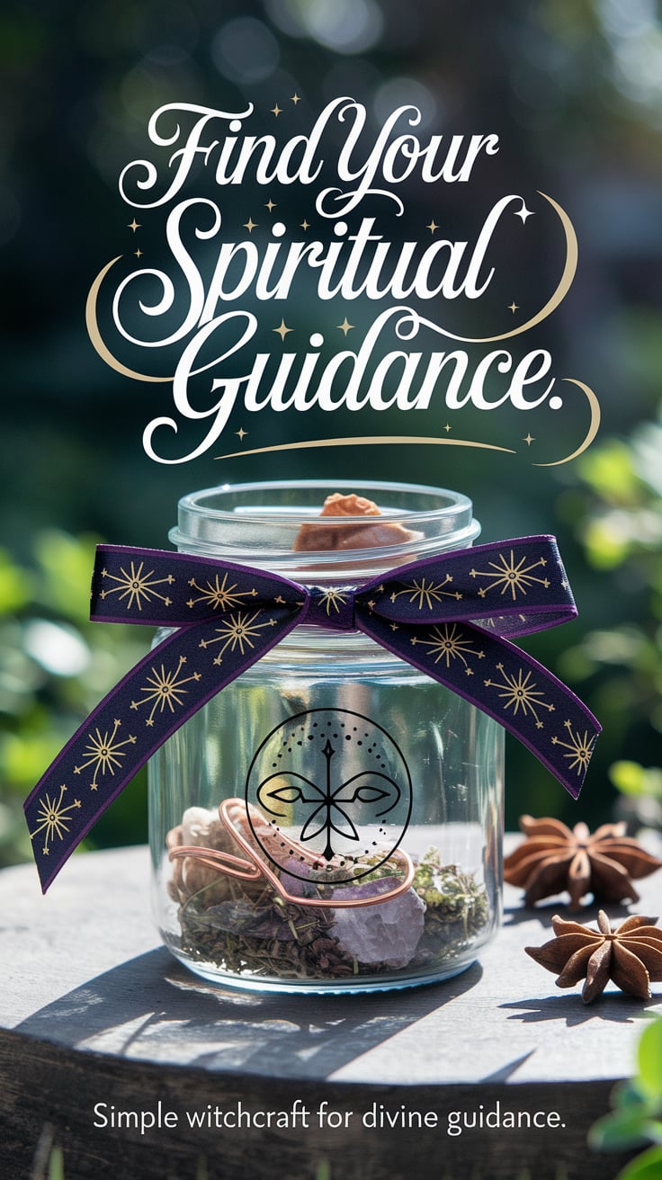 Simple witchcraft for divine guidance A bright, daylight scene with a guidance jar wrapped in a celestial-printed ribbon, filled with herbs and crystals, illuminated by natural sunlight. Sigil-inscribed star anise and a tiny copper coil are visible inside. The impactful words in elegant script in gold say “Find Your Spiritual Path.” The smaller caption: “Simple witchcraft for divine guidance.”