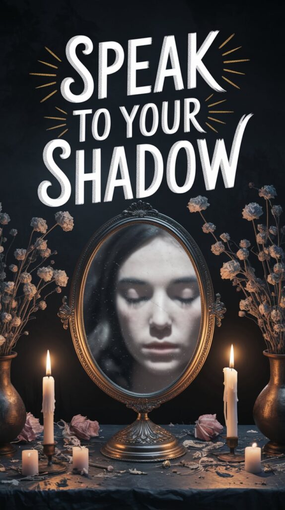 Speak to Your Shadow A mirror sits in the center of a darkened altar, surrounded by dried flowers and candle stubs. In the reflection: a faint silhouette of a face, eyes closed. Pale light glows from behind. The mood is introspective, almost sacred. Title text arches over the mirror in handwritten-style gold.