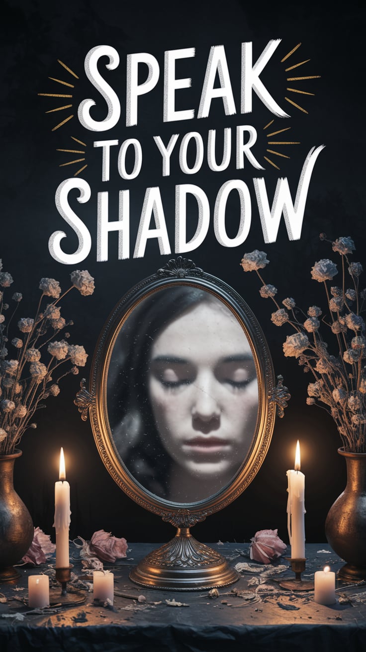 A mirror sits in the center of a darkened altar, surrounded by dried flowers and candle stubs. In the reflection: a faint silhouette of a face, eyes closed. Pale light glows from behind. The mood is introspective, almost sacred. Title text arches over the mirror in handwritten-style gold.