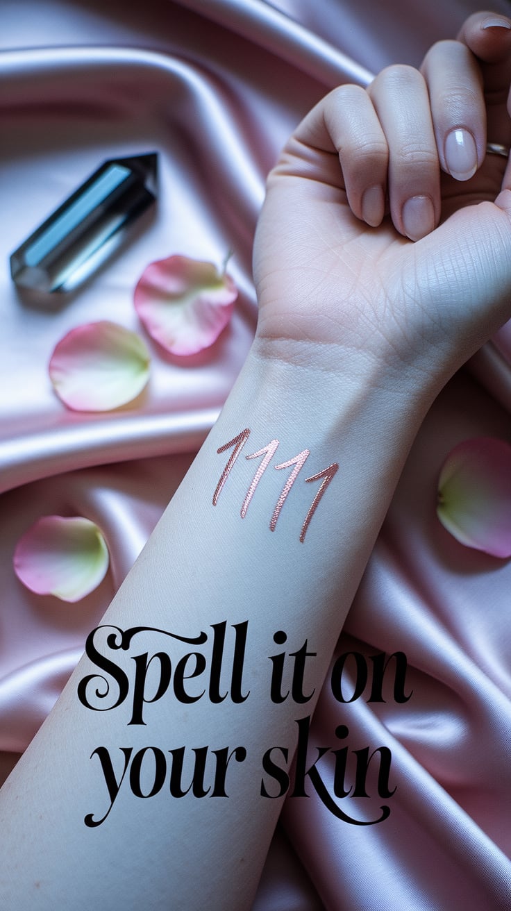 Spell It on Your Skin A soft-lit close-up of a witch’s forearm, cream-toned, with the number 1111 delicately inked in rose gold gel pen. Around the arm: scattered rose petals and a smoky quartz point. Background is blurred blush silk. The text is in large, handwritten calligraphy across the lower third—soft charcoal, like a breath.