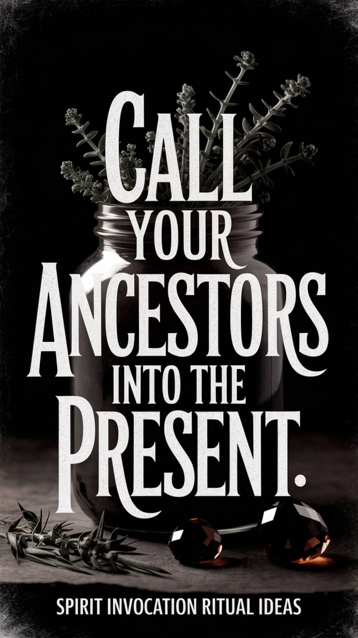 A dark, vintage-inspired aesthetic, deep shadows around a jar with herbs and smoky quartz. The font is large, textured, in white: “Call your ancestors into the present.” The words suggest hidden knowledge and power. Bottom line: “Spirit invocation ritual ideas.”