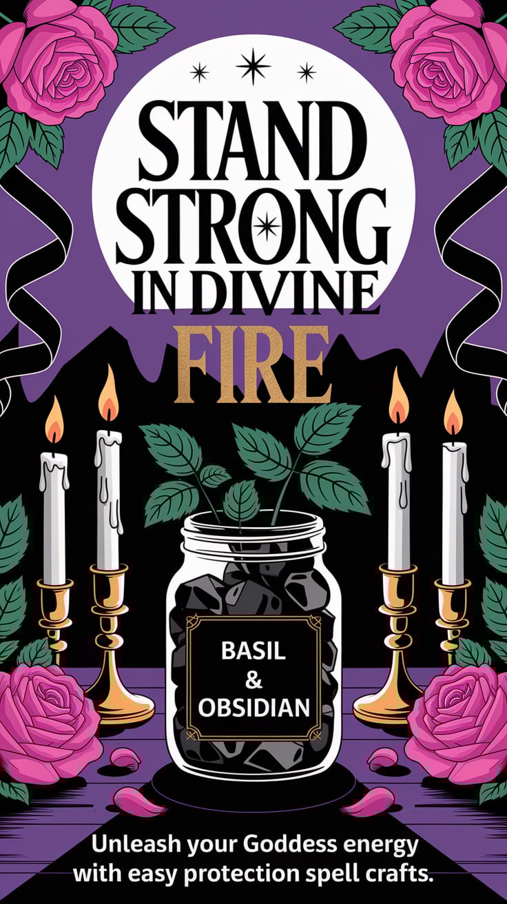 A moonlit altar scene with feminine motifs—roses, candles, black ribbons. The huge, contrasting text in gold reads “Stand strong in divine fire.” The visuals evoke feminity, darkness, and strength. The jar, containing basil and obsidian, looks sacred and powerful. It whispers that divine fire and protection are steps away. The bottom: “Unleash your goddess energy with easy protection spell crafts.”