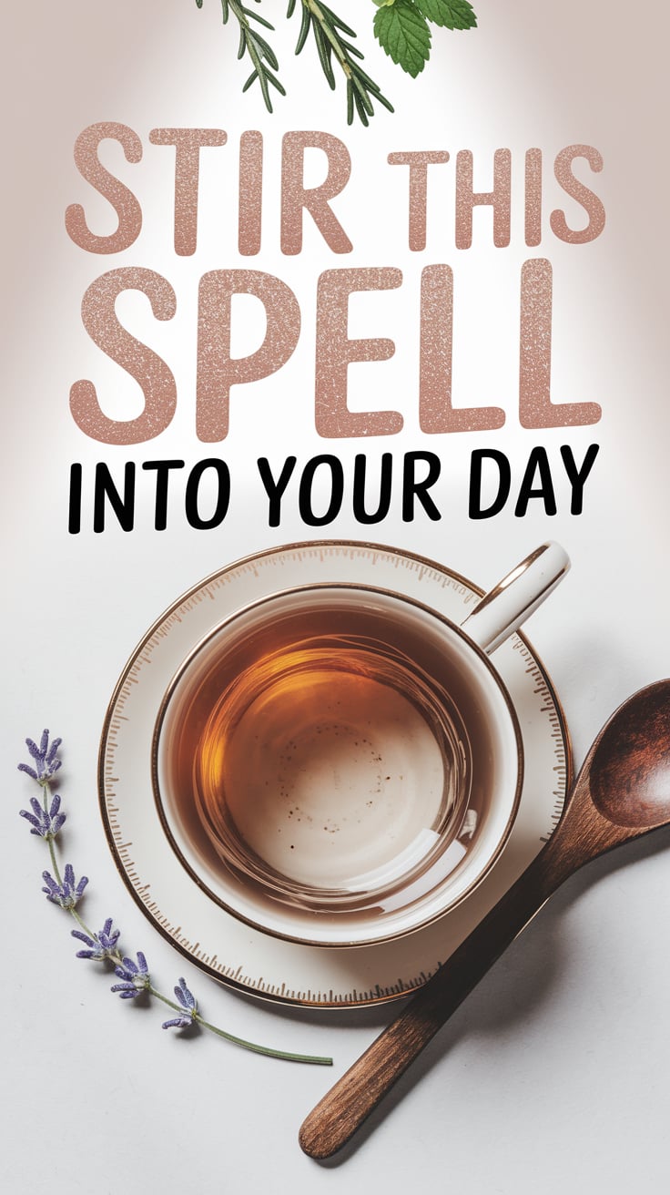 Stir This Spell Into Your Day A delicate flat lay: a vintage teacup filled with gently swirling water, a wooden spoon resting beside it, and three sprigs of herbs (lavender, rosemary, and mint) floating above like they’re being sprinkled in from above. The light is soft and diffused. The text is large, handwritten-style in rose pink with gold shimmer, placed along the top curve of the cup.