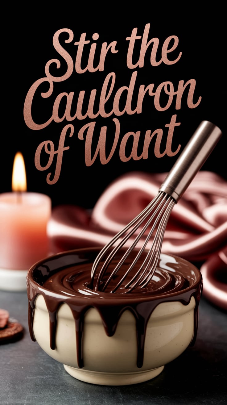 A vintage whisk rests inside a creamy ceramic bowl filled with chocolate batter, glossy and rich. The whisk is coated like it’s stirring something indulgent. In the blurred background: a candle flame and rose-colored silk. Text in soft rose gold, playful script, draped across the top like icing.