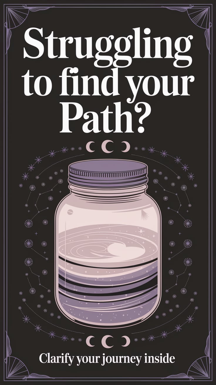 Struggling to Find Your Path ‘Struggling to Find Your Path?’ — dramatic serif, large, center, dark muted pastels, layered visual of sealed jar amidst faint lunar symbols; bottom caption: ‘Clarify your journey inside’