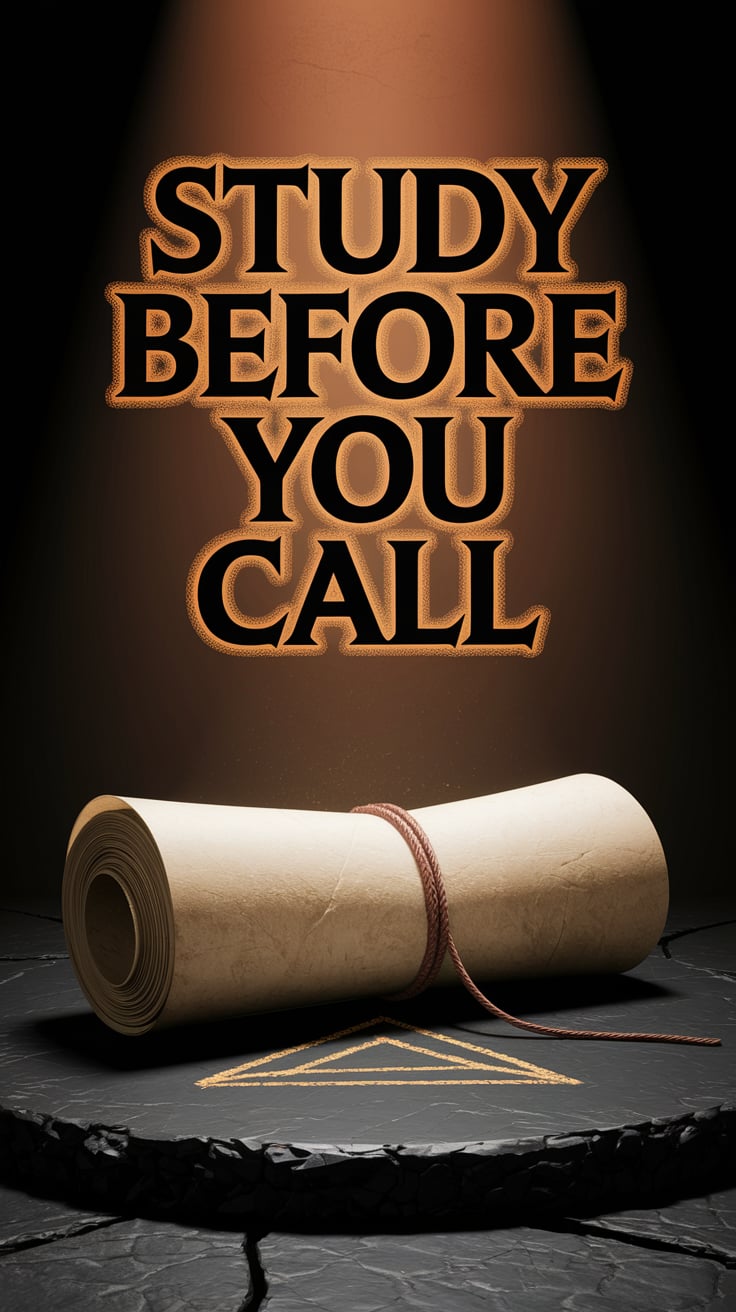 Study Before You Call An ancient-looking scroll is rolled tightly and bound with a leather cord. It sits in the middle of a black stone altar slab, with a faint golden triangle chalked beneath it. Background is entirely shadowed, with a single beam of rust-orange light illuminating the scroll. The title text is bold ink black with a golden glow around the edges, placed across the top.
