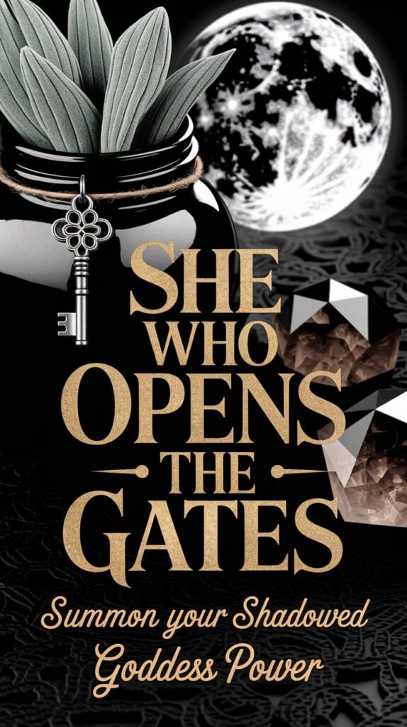 An eerie, moonlit scene with a vintage black glass jar, sage leaves, and smoky quartz, decorated with a gothic key charm. The background is textured black lace. The main message reads in large, gold-embossed lettering: "She Who Opens the Gates". The font is thick and textured, contrasting sharply against the dark background. Below, in smaller, intense script: "Summon your shadowed goddess power".