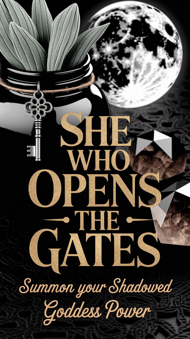 An eerie, moonlit scene with a vintage black glass jar, sage leaves, and smoky quartz, decorated with a gothic key charm. The background is textured black lace. The main message reads in large, gold-embossed lettering: "She Who Opens the Gates". The font is thick and textured, contrasting sharply against the dark background. Below, in smaller, intense script: "Summon your shadowed goddess power".