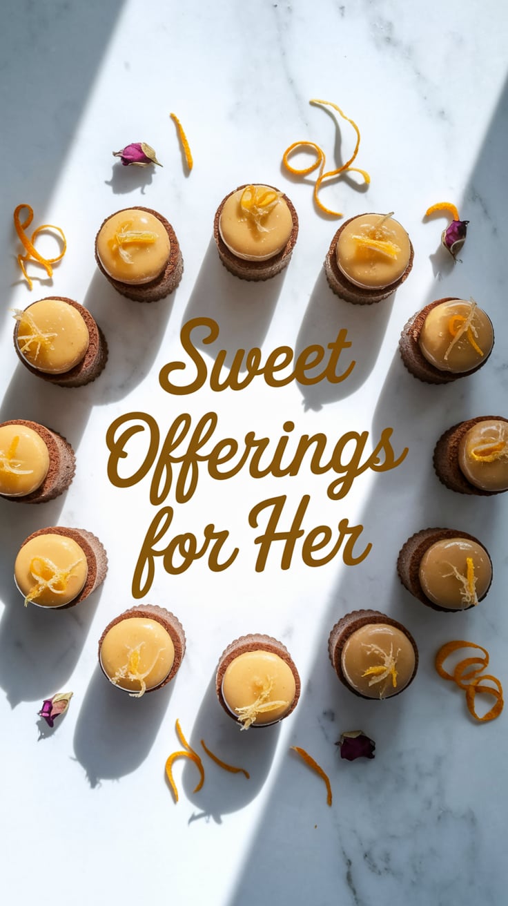 A white marble surface with subtle grey veins provides the backdrop. Twelve small cakes are arranged in a perfect spiral, each one brushed with honey and lightly cracked on top. Scattered around them are fresh orange zest curls and a few dried rose petals. Soft natural light spills in from the side, creating gentle shadows. The font is a soft cursive script in honey gold, thick and elegant, centered directly over the spiral of cakes.