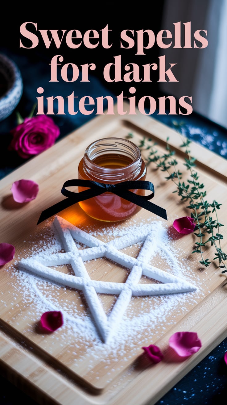 A pale wooden cutting board with an open jar of honey, a black ribbon tied loosely around it. Powdered sugar is dusted in the shape of a pentagram. Rose petals and sprigs of thyme are scattered around, hinting at something just a bit wicked. Light is soft and warm. Text is in blush pink serif, large and centered.