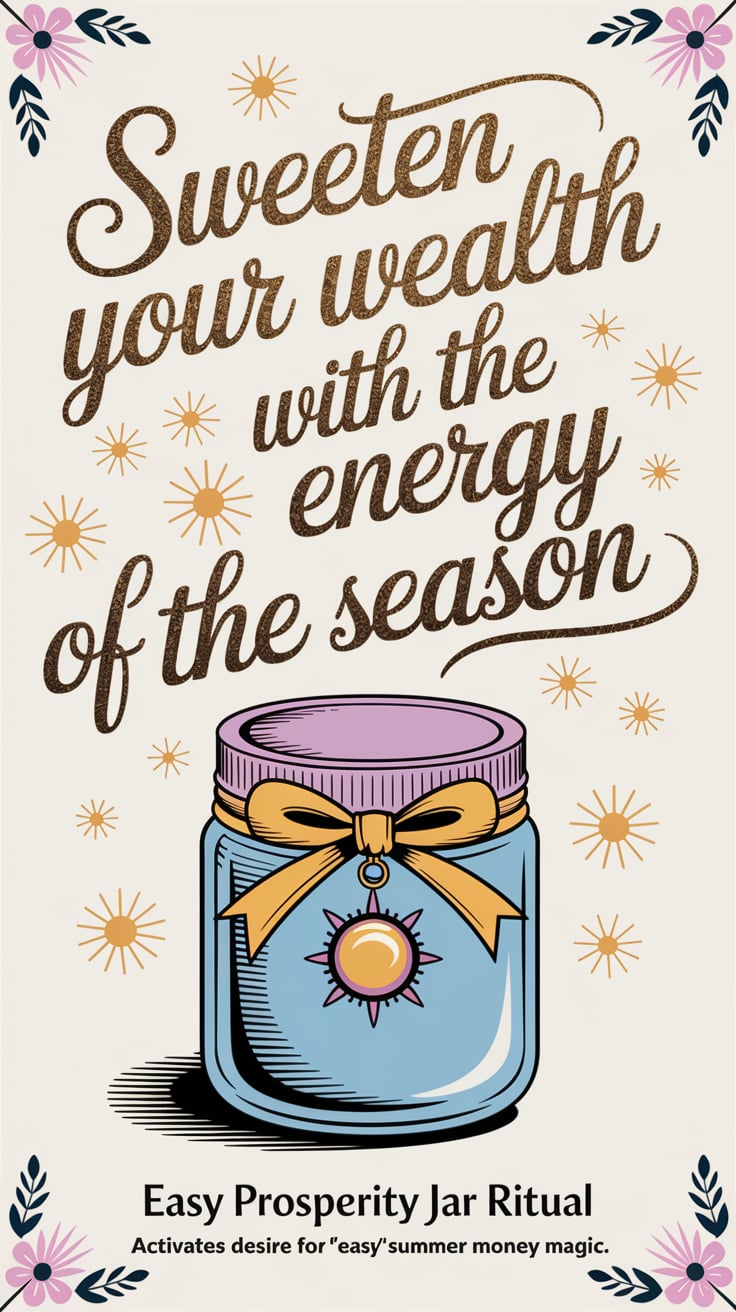 Sweeten your wealth with the energy of the season Soft cream background with light floral patterns and tiny sun motifs. A small jar decorated with a cheerful yellow ribbon and a summer-colored charm. Overlayed with sweeping script in shimmering gold: *'Sweeten your wealth with the energy of the season'—feels inviting yet secretly commanding. Smaller text below: ‘Easy prosperity jar ritual’. Activates desire for ‘easy’ summer money magic.