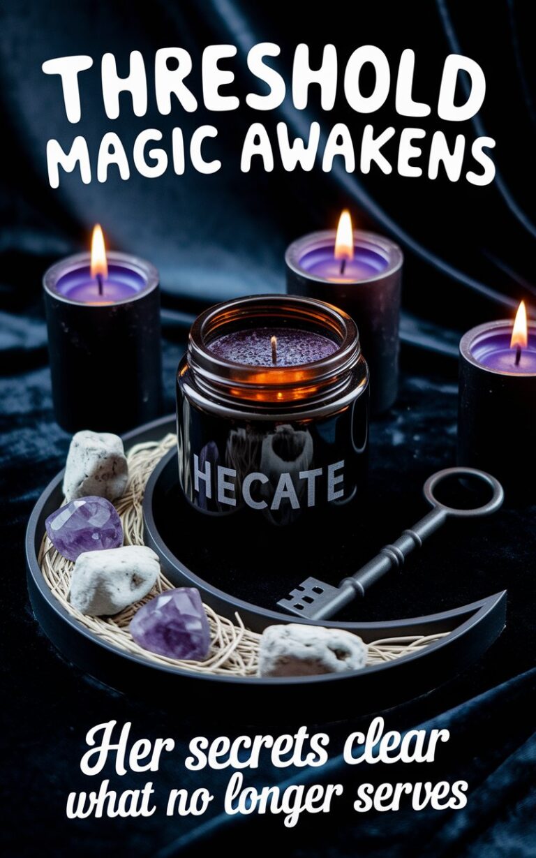 A black velvet altar table, illuminated by the soft violet glow of three black candles. The Hecate spell jar sits center stage, its glass surface catching shimmering candlelight reflections while fluorite crystals and dried sage surround it in a crescent moon shape. A matte black key rests against the jar, suggesting unlocked potential. Bold text in a cute bubbly font reads "THRESHOLD MAGIC AWAKENS" at the top with "Her secrets clear what no longer serves" in an elegant handwritten style at the bottom.
