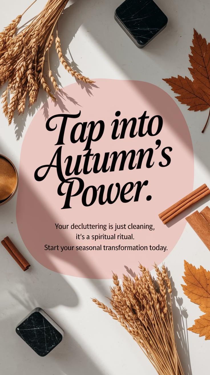 A cozy, feminine workspace with dried grain bundles, cinnamon, and black tourmaline, bathed in natural sunlight. Large script in gentle pink urges, “Tap Into Autumn’s Power.” Your decluttering isn’t just cleaning; it’s a spiritual ritual. 'Start your seasonal transformation today.'