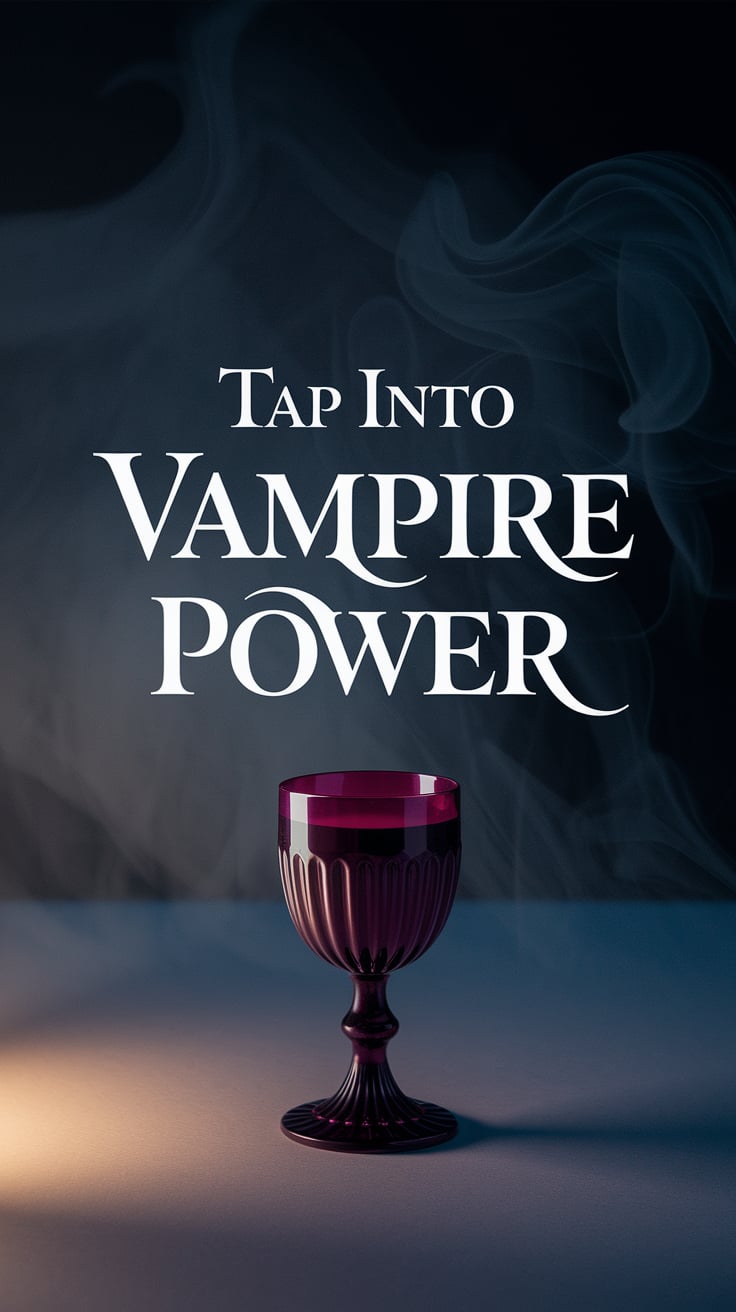 10 Powerful Ways to Use Vampire Energy for Personal Transformation 5 A minimalist image with a single deep plum-colored chalice placed at the exact center. The cup gleams softly, as if lit by candlelight from one side. The background fades into matte charcoal gray with subtle texture like fog or smoke. No other objects. The words “Tap Into Vampire Power” are in a high-contrast serif, bold and extremely large, centered just above the chalice. Quietly intense.