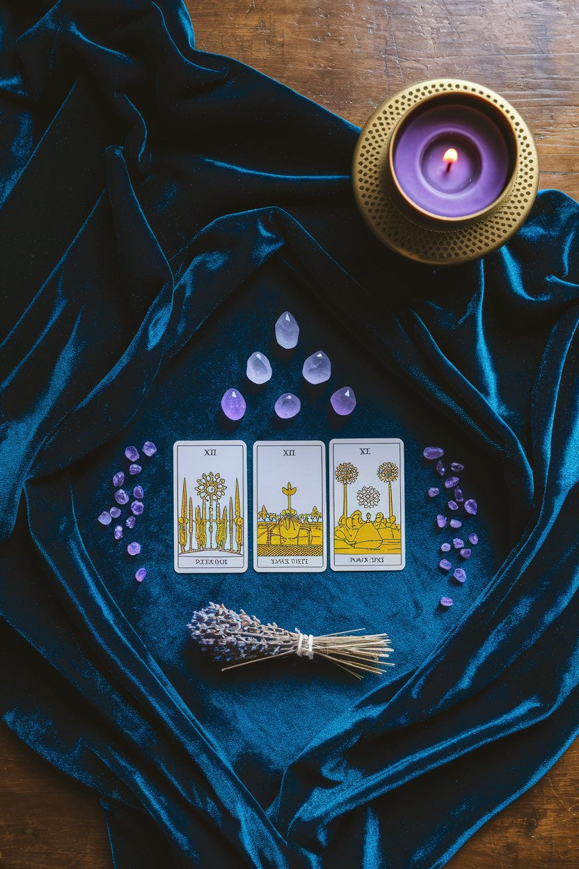 A mystical tarot spread arranged in a triangle on deep blue velvet with quartz crystals and a purple candle, designed for discovering your perfect magical name through divination.