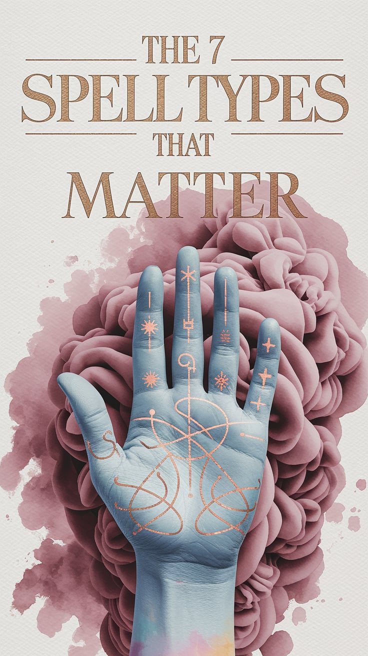 The 7 Spell Types That Matter An overhead view of a pastel-painted hand with sigils drawn in gold ink, surrounded by soft pink smoke. Background is watercolor parchment. The font is elegant serif, spaced and elevated in blush-toned gold foil. Text is large and top-centered.