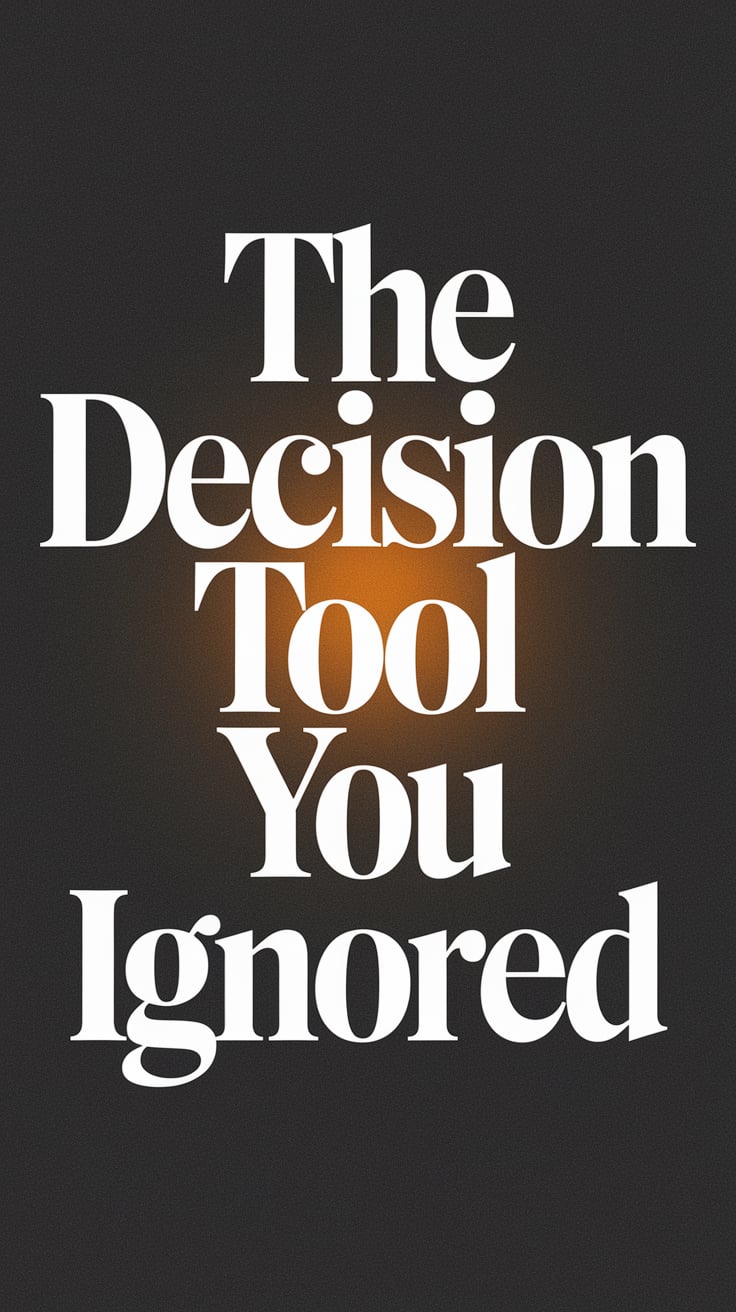 The Decision Tool You Ignored Deep charcoal backdrop with text in massive serif font, sharp and clean, in white with a subtle amber glow. The phrase feels like a challenge and an invitation, hinting that astro dice could be the missing piece to making clearer choices.