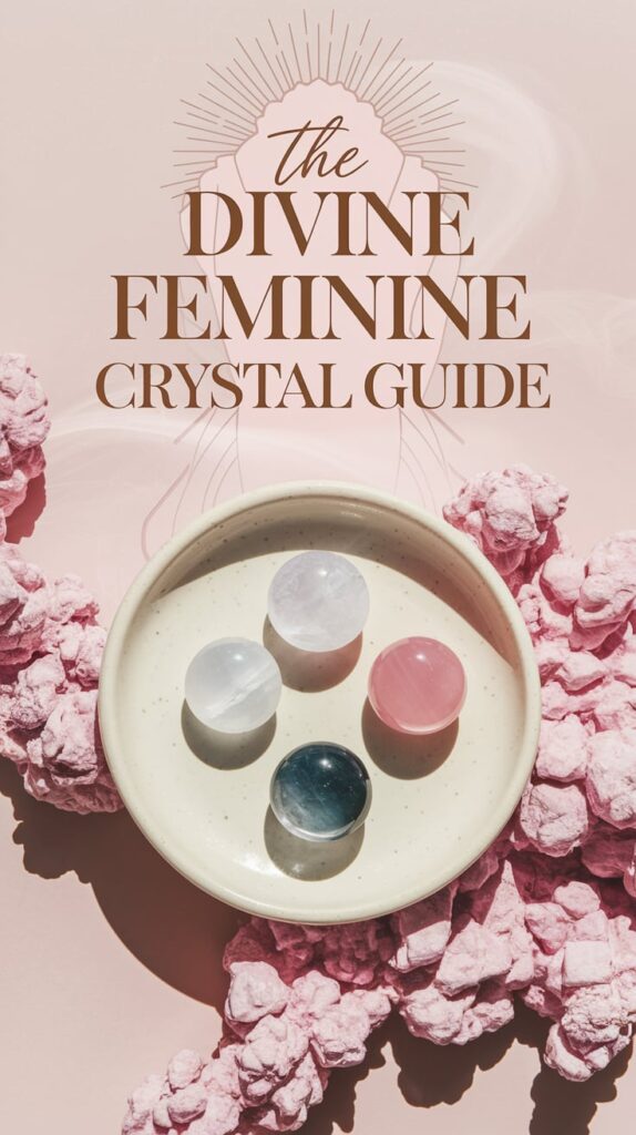 An overhead shot of a perfectly arranged trio: moonstone, selenite, and pink tourmaline, resting in a circle on a pale ivory ceramic dish. Around them, a soft shimmer of pink mist curls like smoke. The blush-toned background is smooth, and a faint line art silhouette of a goddess figure is embossed behind. Text is in bold rose gold script, centered and slightly translucent.