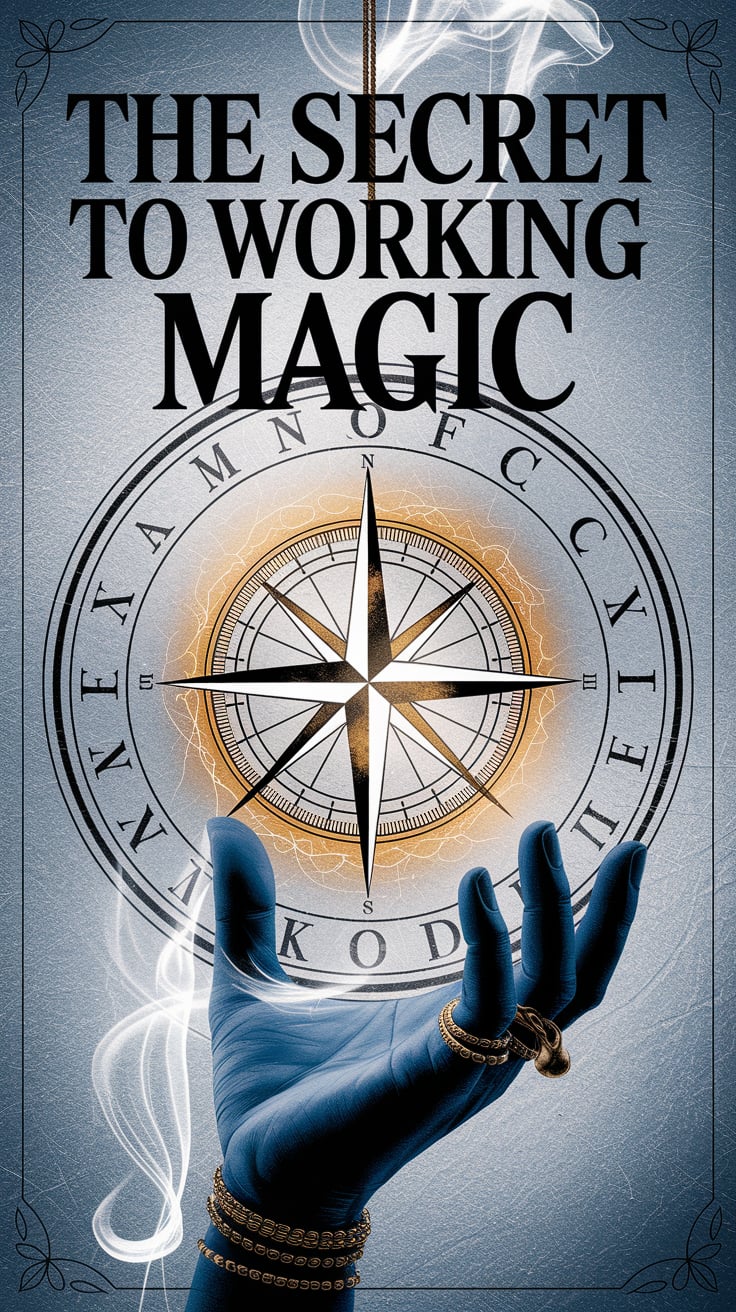 The Secret to Working Magic A hand, veiled in smoke and rings, holds a compass rose suspended by string. The compass glows faintly with golden edges, over a backdrop of a faded ritual circle scratched into stone. The entire frame feels ancient and precise. The text is bold serif, positioned dead center, smoky grey with a soft amber inner glow.