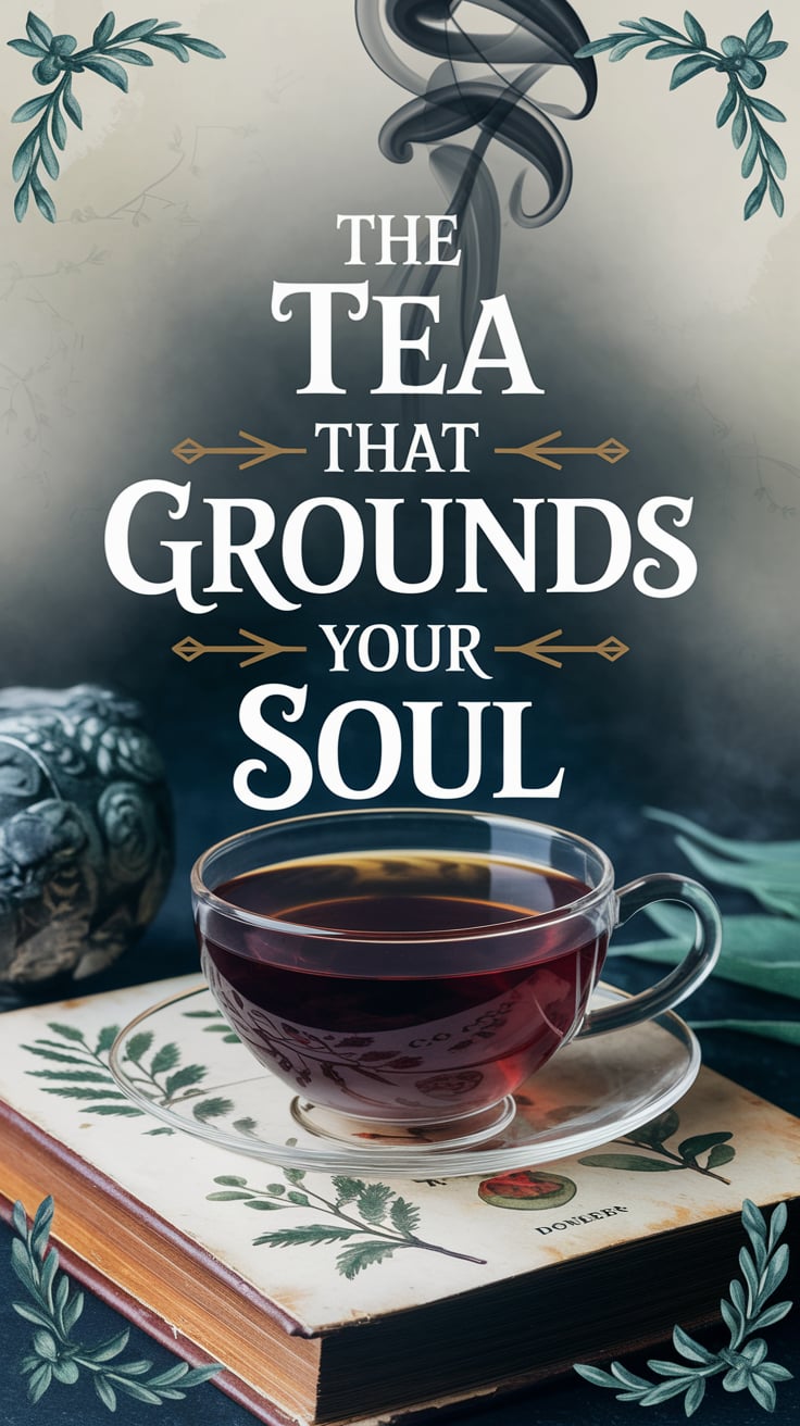 A transparent teacup filled with deep herbal tea sits on a cracked vintage book with botanical illustrations. Soft sage smoke coils upward, forming faint symbols like pentacles and vines. The background is foggy cream with whispers of watercolor herbs in the corners. Text is large, ivory white with gold accents, slightly arched over the cup.