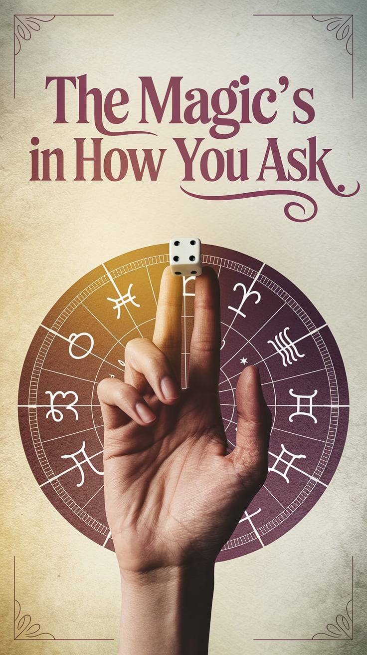 A hand holding a single die between two fingers, just above a circular zodiac cloth. The lighting is golden and dreamy, but there’s tension in the positioning. The background is faded parchment white. The font is romantic serif in dark mauve with wide spacing, centered beneath the die. It feels like a spell being cast as you read.