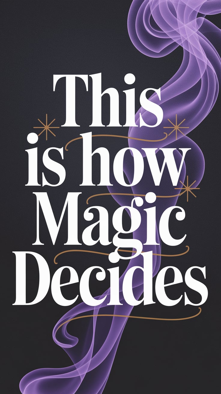 This Is How Magic Decides Dark charcoal background with a whisper of lavender smoke curling from the edges. The text is huge, in a hand-lettered serif font, glowing white with a faint golden outline. The phrase feels almost like a confession, suggesting the blog reveals how astro dice channel real power behind decisions.
