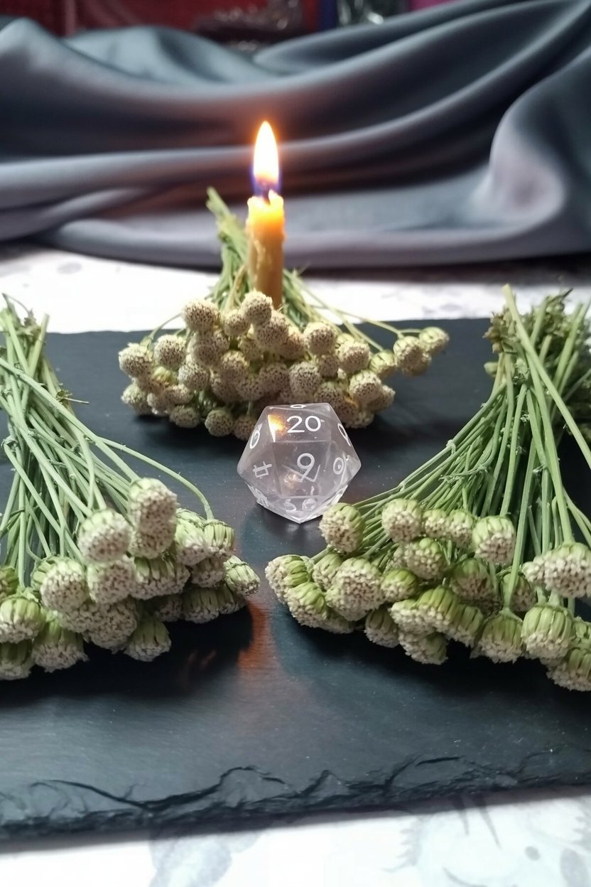 Three yarrow bundles and one candle surround the die on black slate Dried white yarrow flowers (Achillea millefolium) arranged in three bundles forming triangle on black slate surface, lit beeswax taper candle at center back surrounded by mound of yarrow blooms, clear twenty-sided die with white numbers in front. Yarrow has been used for divination since the I Ching (yarrow stalk casting predates coin throwing), the triangular arrangement echoes three-dice structure (planet, sign, house), and slate grounds the setup. Warm candlelight, overhead view, charcoal linen background.