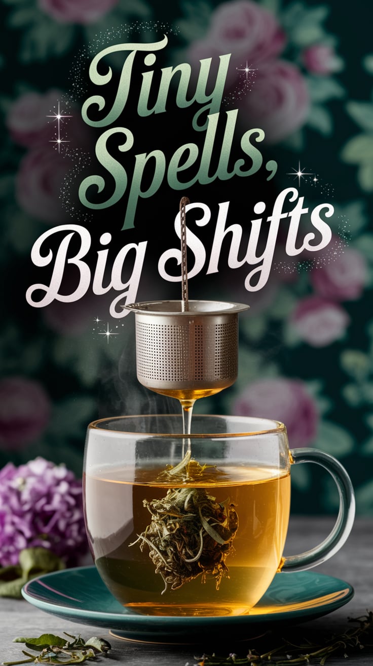 Tiny Spells Big Shifts A single hand holding a tea infuser dripping herbs into a glass mug of steaming water. The mug glows faintly gold, hinting at magic. Delicate floral wallpaper blurs in the background. Title is in large script, sage green with subtle sparkle, drifting over the top third of the image like a whisper.