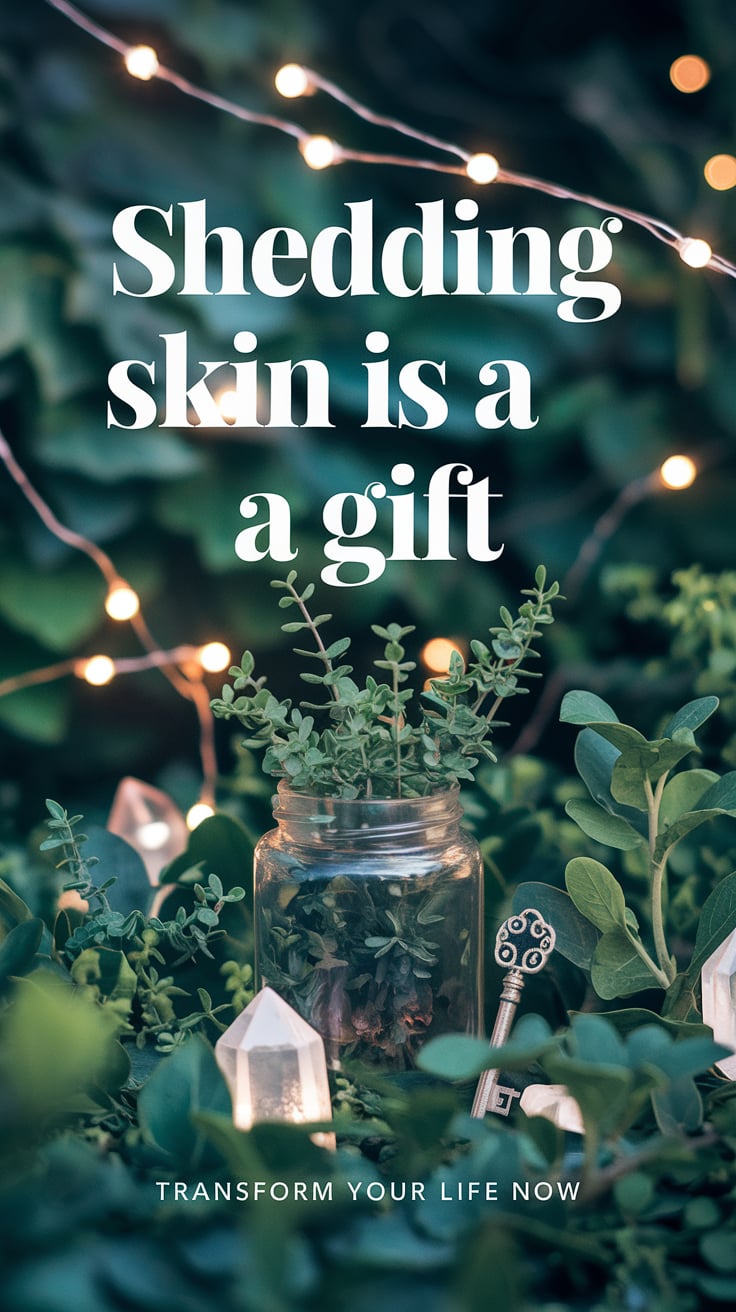 A lush garden with subtle fairy lights, a small jar surrounded by fresh herbs, crystals, and a tiny, engraved key. The dreamy lighting emphasizes softness. The large, contrasting font says “Shedding Skin is a Gift”. Smaller: “Transform Your Life Now”